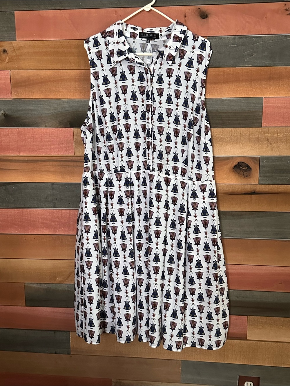 Eloquii Sleeveless Printed Fit & Flare Shirt Dress White Geometric Midi - Picture 2 of 5